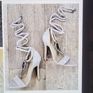 👡👡THE MODE COLLECTIVE MINK SANDAL STRAPPY LACE UP HEELS  OYSTER  SZ  7